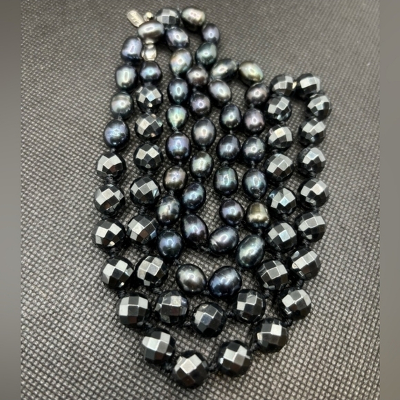 Anthology 925 Sterling Silver Clasp Faceted Hematite Pearl Beaded Long Necklace - Picture 5 of 11